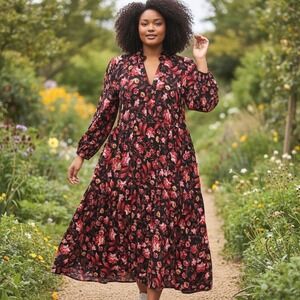 Terra Sky Womens Dress Plus 2X Black Red Floral Print Ruffle Neck Maxi Boho